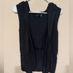 Cyrus 1X black, sleeveless, open-front vest with a hood and pockets.